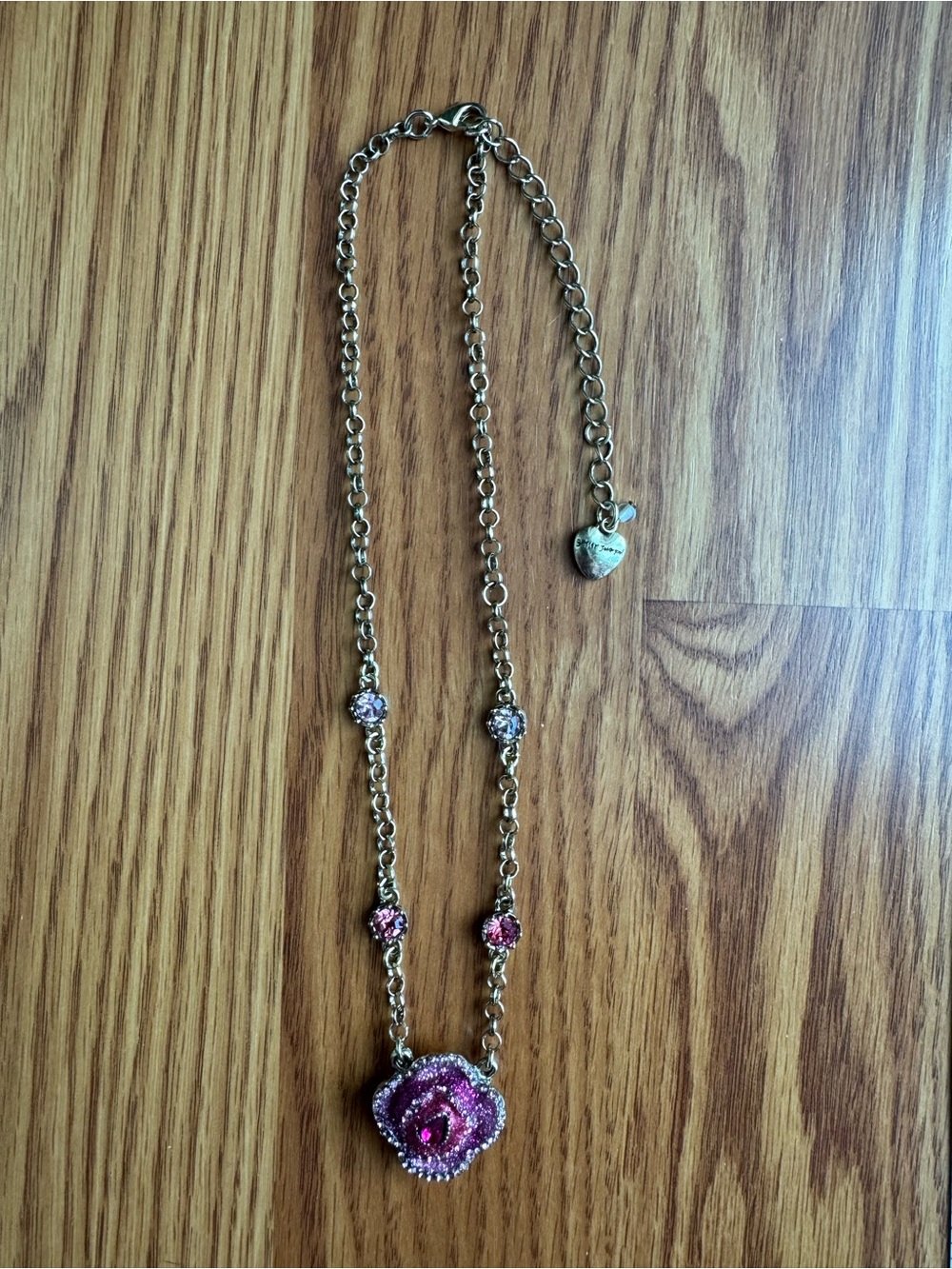 Betsey Johnson Gold Pink Rose Crystal Necklace